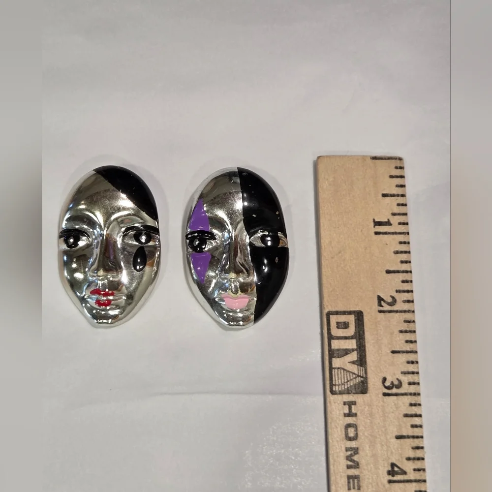 80s Vintage Pair Of Acrylic Plastic Silver Painted Harlequin Mask Brooches